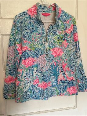 Vibrant Coral Reef Print Half-Zip Pullover - Pink & Blue